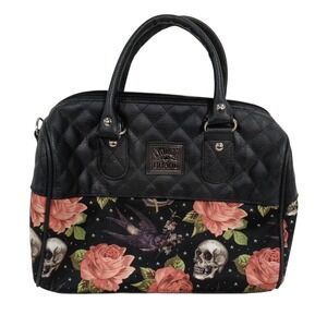 Liquor Brand Skull Rose Satchel Handbag Quilted Black Gothic Punk